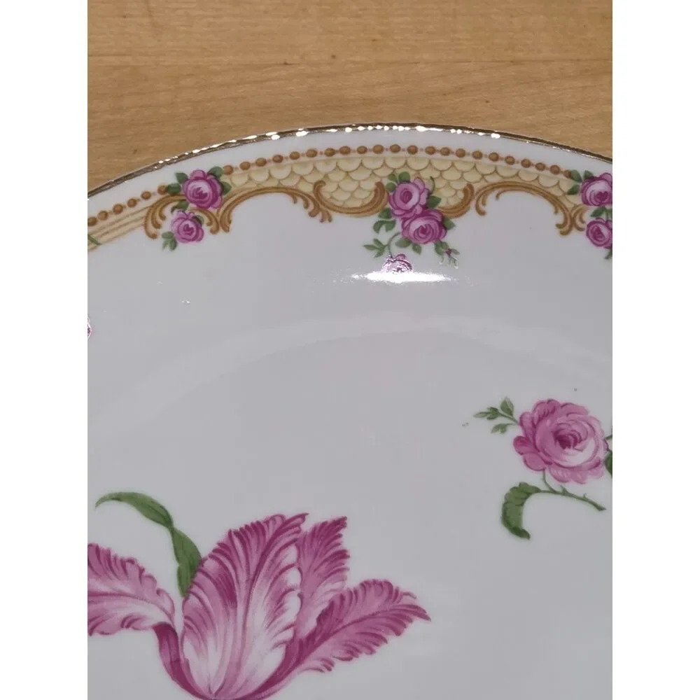 Antique Z S & Co Bavaria Pink Tulip Purple Rose Porcelain Plate Gold Rim